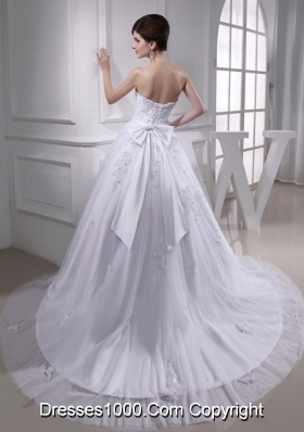 Exquisite A-line Beading and Appliques Chapel Train Wedding Dress with Strapless