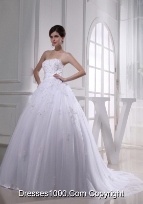 Exquisite A-line Beading and Appliques Chapel Train Wedding Dress with Strapless