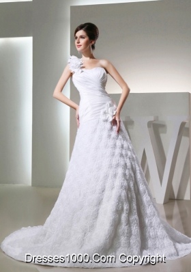 Popular Princses One Shoulder Ruching Fabric With Rolling Flower Wedding  Dress