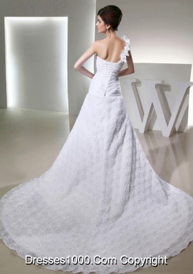 Popular Princses One Shoulder Ruching Fabric With Rolling Flower Wedding  Dress