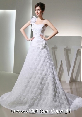 Popular Princses One Shoulder Ruching Fabric With Rolling Flower Wedding  Dress