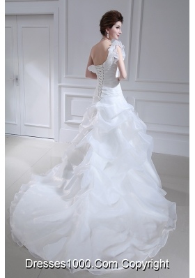 Princess One Shoulder Court Train Wedding Dress with Pick-ups and Ruching