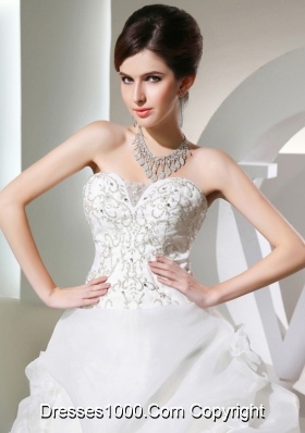 Puffy Sweetheart Pick-ups and Appliques Wedding Dress with Chapel Train