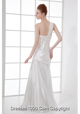 Simple Column One Shoulder Taffeta Ruching Beading White Wedding Dress