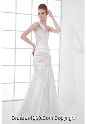 Simple Column One Shoulder Taffeta Ruching Beading White Wedding Dress