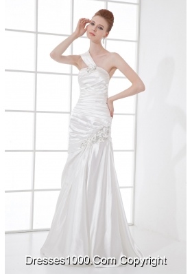 Simple Column One Shoulder Taffeta Ruching Beading White Wedding Dress