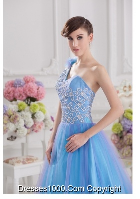 2014 A-line One Shoulder Tulle Blue Quinceanera Dress with Appliques Hand Made Flower