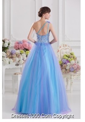 2014 A-line One Shoulder Tulle Blue Quinceanera Dress with Appliques Hand Made Flower