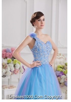 2014 A-line One Shoulder Tulle Blue Quinceanera Dress with Appliques Hand Made Flower