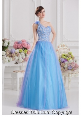 2014 A-line One Shoulder Tulle Blue Quinceanera Dress with Appliques Hand Made Flower