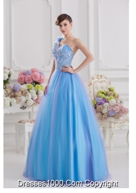 2014 A-line One Shoulder Tulle Blue Quinceanera Dress with Appliques Hand Made Flower