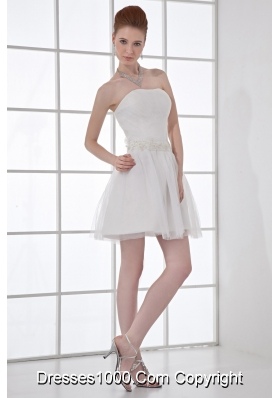 2014 Cheap A-line Strapless Tulle Appliques Wedding Dress with Mini-length