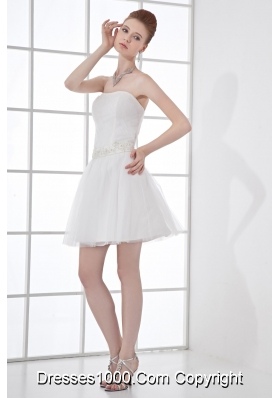 2014 Cheap A-line Strapless Tulle Appliques Wedding Dress with Mini-length