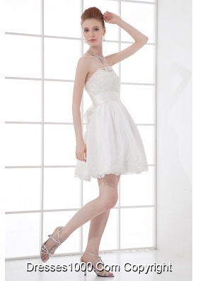 2014 Elegant A-line Strapless Knee-length Lace Belt White Wedding Dress