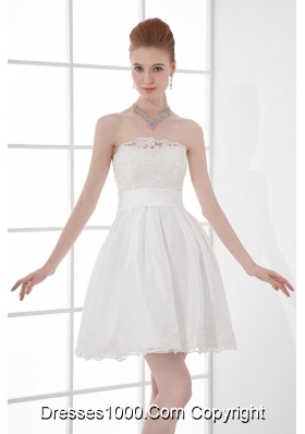 2014 Elegant A-line Strapless Knee-length Lace Belt White Wedding Dress