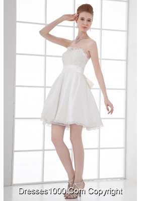 2014 Elegant A-line Strapless Knee-length Lace Belt White Wedding Dress