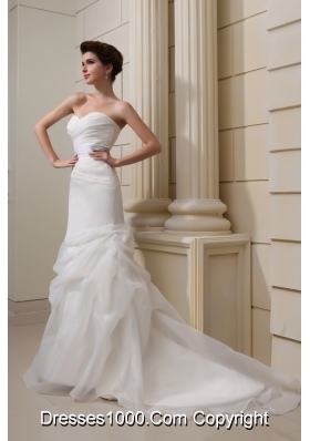 2014 Elegant Mermaid Sweetheart Belt Ruching Pick-ups Wedding Dress with Side Zipper