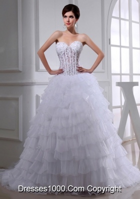 2014 Spring A-line Sweetheart Organza Appliques Ruffled Layers Wedding Dress