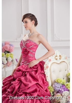 2014 Spring Ball Gown Sweetheart Hand Made Flowers Beading Pick-ups Quinceanera Dress in Red