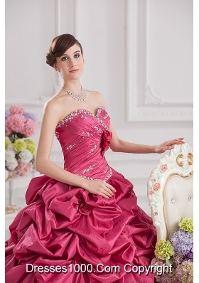 2014 Spring Ball Gown Sweetheart Hand Made Flowers Beading Pick-ups Quinceanera Dress in Red