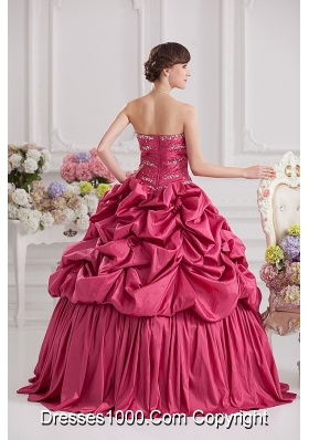 2014 Spring Ball Gown Sweetheart Hand Made Flowers Beading Pick-ups Quinceanera Dress in Red