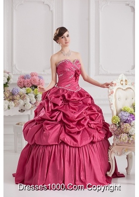 2014 Spring Ball Gown Sweetheart Hand Made Flowers Beading Pick-ups Quinceanera Dress in Red