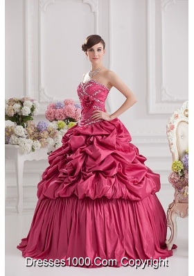 2014 Spring Ball Gown Sweetheart Hand Made Flowers Beading Pick-ups Quinceanera Dress in Red