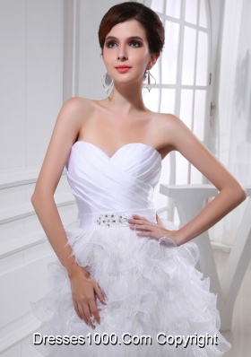 2014Beautiful A-line Sweetheart Organza Ruching Ruffles White Short Wedding Dress