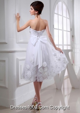 A-line Strapless Tulle Appliques Hand Made Flower White Wedding Dress