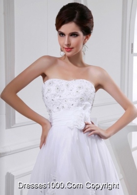 A-line Strapless Tulle Appliques Hand Made Flower White Wedding Dress