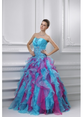 Ball Gown Strapless Organza Beading Ruffles Multi-color Quinceanera Dress