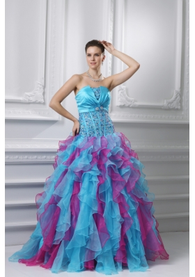 Ball Gown Strapless Organza Beading Ruffles Multi-color Quinceanera Dress