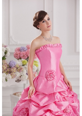 Ball Gown Strapless Pick-ups Rose Pink Quinceanera Dress with Hand Made Flowers