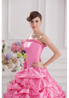 Ball Gown Strapless Pick-ups Rose Pink Quinceanera Dress with Hand Made Flowers