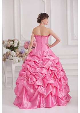 Ball Gown Strapless Pick-ups Rose Pink Quinceanera Dress with Hand Made Flowers