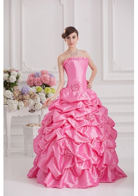 Ball Gown Strapless Pick-ups Rose Pink Quinceanera Dress with Hand Made Flowers