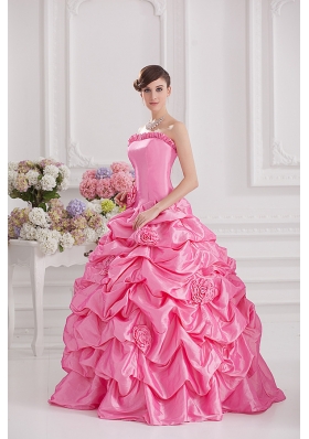 Ball Gown Strapless Pick-ups Rose Pink Quinceanera Dress with Hand Made Flowers