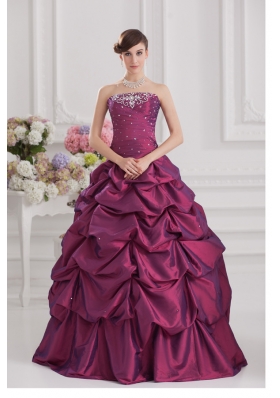 Ball Gown Strapless Taffeta Purple Quinceanera Dress with Beading and Pick-ups