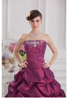 Ball Gown Strapless Taffeta Purple Quinceanera Dress with Beading and Pick-ups