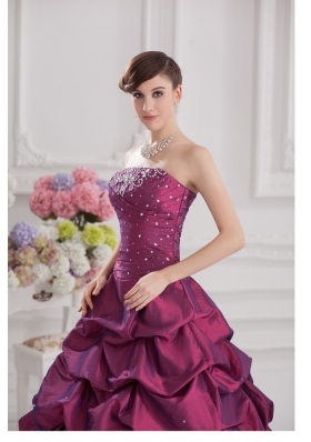 Ball Gown Strapless Taffeta Purple Quinceanera Dress with Beading and Pick-ups