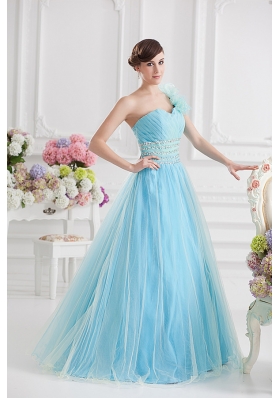 Beautiful A-line One Shoulder Ruching and Beading Aqua Blue Quinceanera Dress