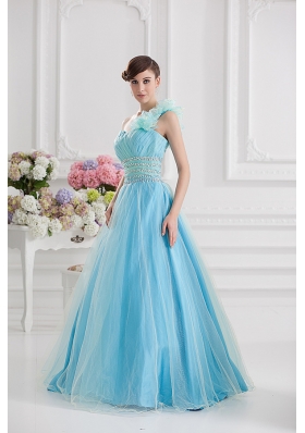 Beautiful A-line One Shoulder Ruching and Beading Aqua Blue Quinceanera Dress