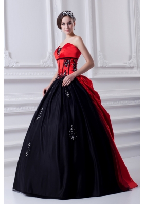 Cheap Strapless Appliques Pick-ups Black and Red Quinceanera Dress with Brush Train