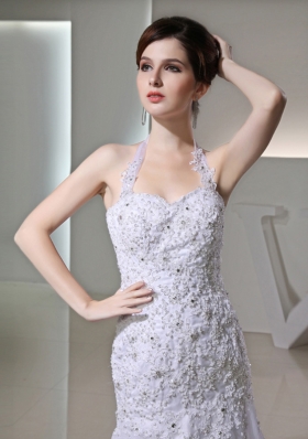 Column Halter Top Chapel Train Lace Appliques  White Wedding Dress