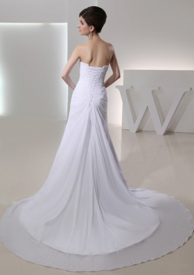 Elegant Column Strapless Court Train Chiffon Ruching White Wedding Dress in 2014