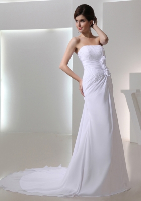 Elegant Column Strapless Court Train Chiffon Ruching White Wedding Dress in 2014