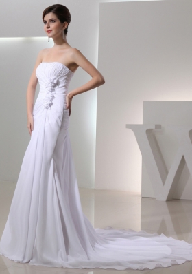 Elegant Column Strapless Court Train Chiffon Ruching White Wedding Dress in 2014