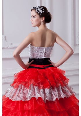 Elegant Princess Strapless Beading Ruflled Layers Red Quinceanera Dress in 2014