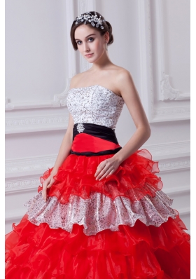 Elegant Princess Strapless Beading Ruflled Layers Red Quinceanera Dress in 2014