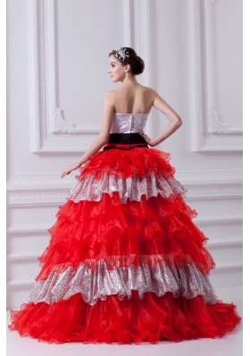 Elegant Princess Strapless Beading Ruflled Layers Red Quinceanera Dress in 2014